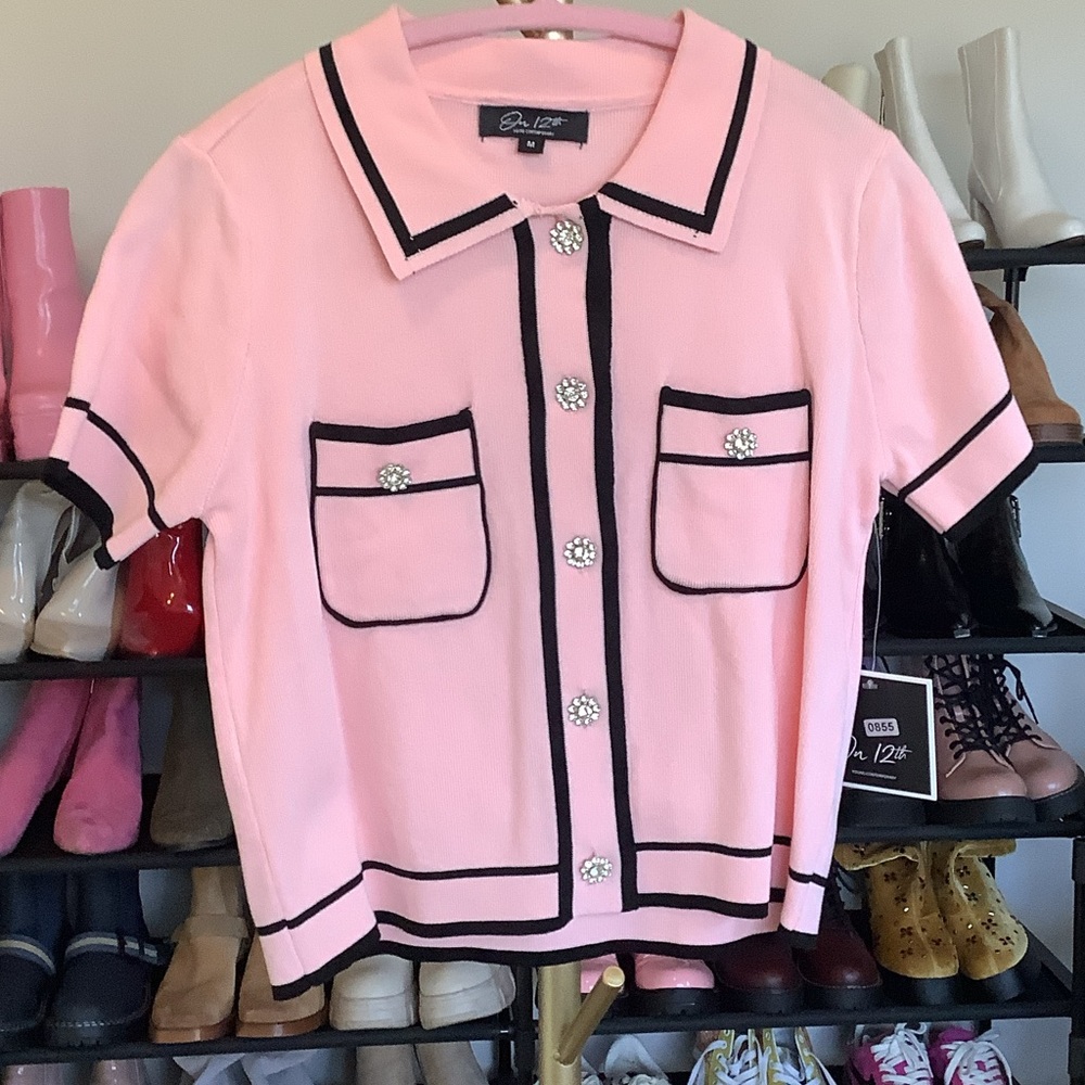 Pink Short Sleeve Blouse with Black Trim